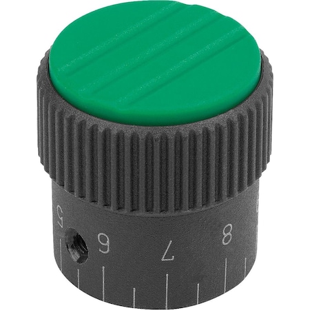Kipp Knurled Knob W.Scale Size:3, D1=34, H=36, D=8, Form:C, Plastic Black Ral7021, Cap:Green Ral6032 K0248.33082